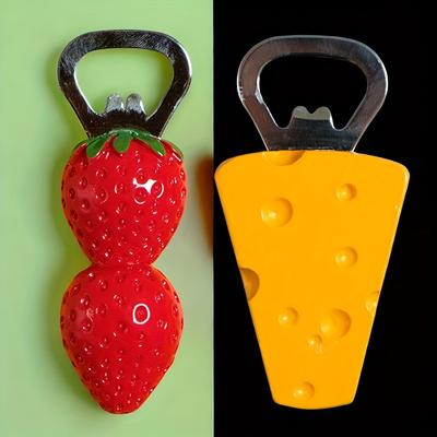 2 Stück Süße 3D Magnetische Bierflaschenöffner, Erdbeer-, Käse-Designs für Kühlschrankdekoration, PVC-Material