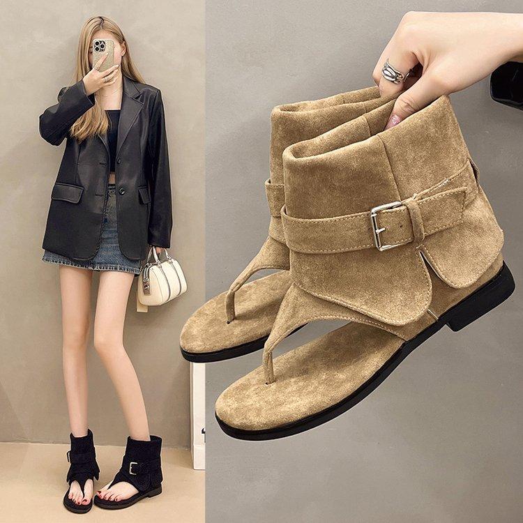 French Soft Leather Herringbone Toe Sandals Women's 2025 Summer New Flat-bottomed Cool Boots Loose Sleeve Warehouse Tube Short Boots Women