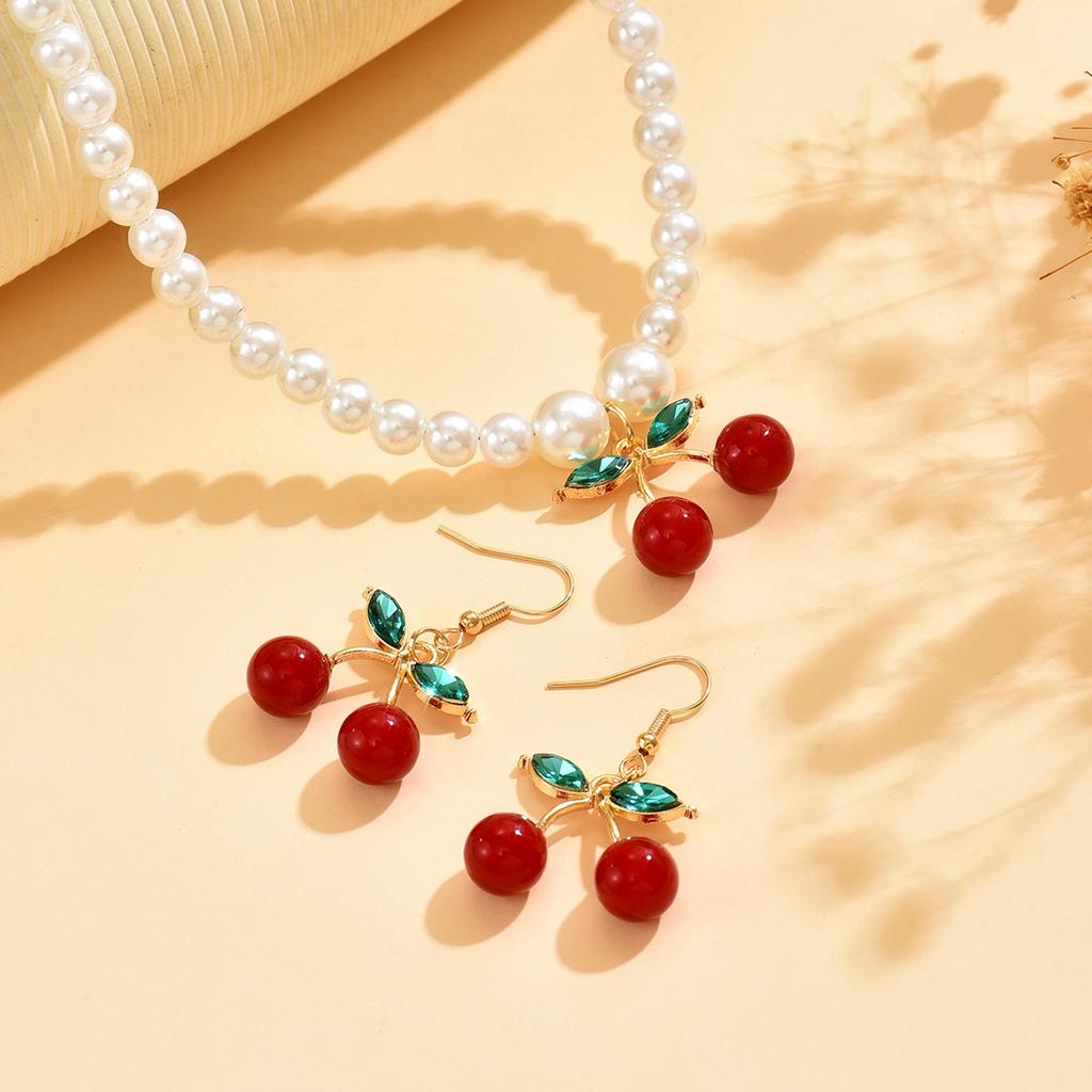 Imitation Pearl Cherry Pendant Necklace Earrings Set, Summer High-end Light Luxury Collarbone Chain Jewelry Necklace