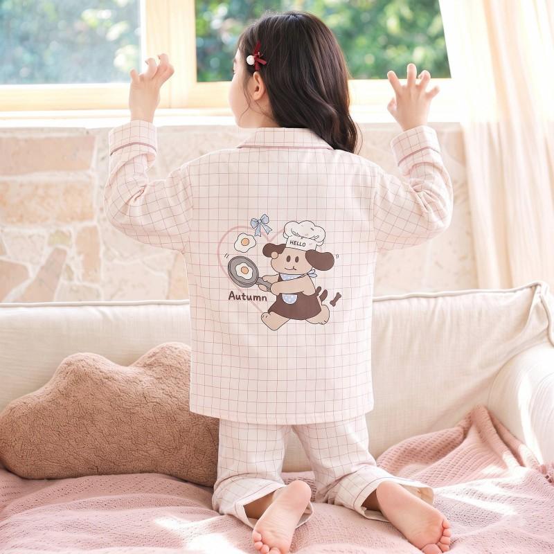 100% Cotton Girls Pajama Set Long Sleeve Cartoon Print Sleepwear Open Front Robe Style Fall