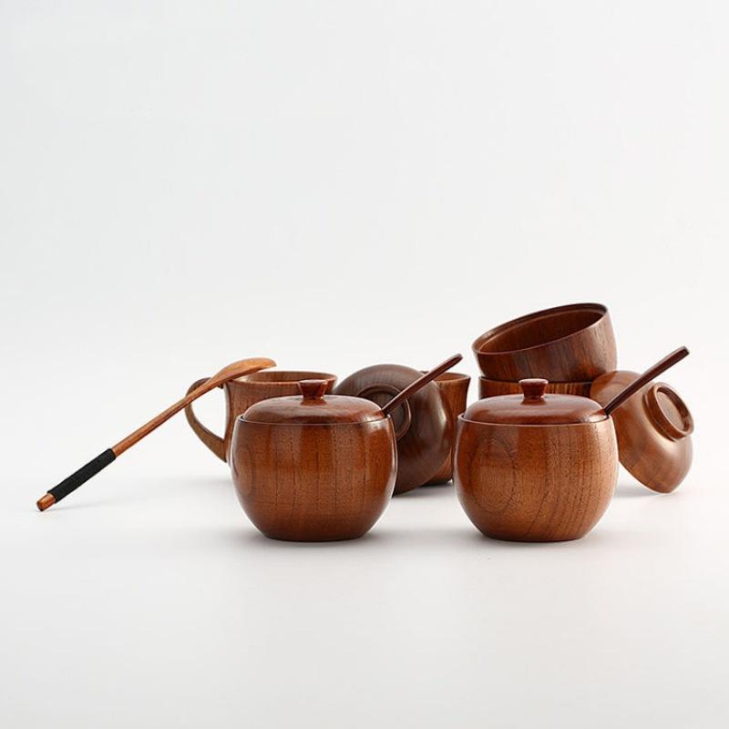 Wooden Salt Cellar Sugar Bowl Pepper Box with Lid and Spoon Salt Seasoning Container Storage Box Wooden Spice Box Spice Jars