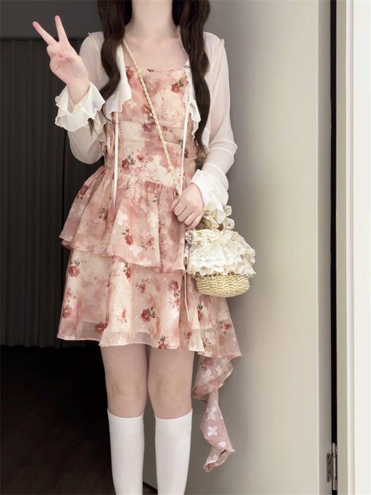Atmosphere Floral Spaghetti Strap Dress & Cardigan Set - Sweet Spring/Summer Waist-Hugging Skirt