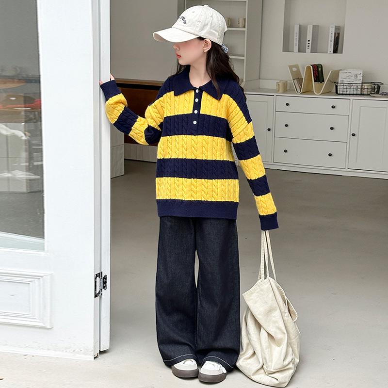 2025 Girls' Korean Style Autumn Casual Set: Fashionable Sweater and Jeans for Spring and Fall