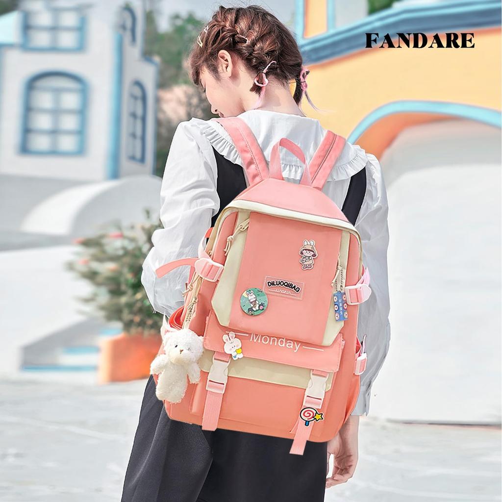 Zestaw plecaków FANDARE, Koreański design, Duża pojemność, Damski plecak szkolny, Torba shopper, Piórnik, Portmonetka, Portfel, Zestaw 4 sztuk z pluszowym misiem