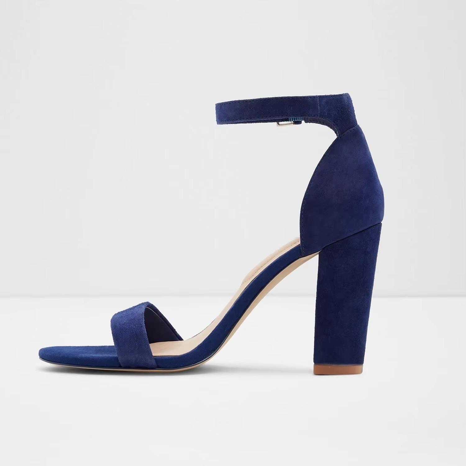 LOSLANDIFEN Damen Sandalen Offene Zehen Sexy Knöchelriemen Hohe Absätze Sommer Wildleder Dicke Absätze Pumps Kleid Hochzeitsschuhe 39 blau