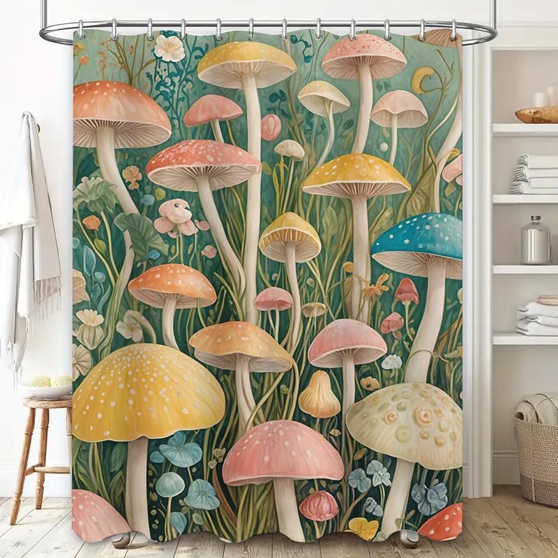 Whimsical Fungi Shower Curtain Multicolored Mushroom Print for Bathroom Decor – Water-resistant Fabric with Hooks Set (Size: 69x