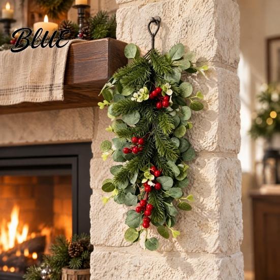Holiday Soft Furnishing Wreath with Artificial Holly Teardrop Swag Pendant Christmas Leaves Swag Pinecones Party
