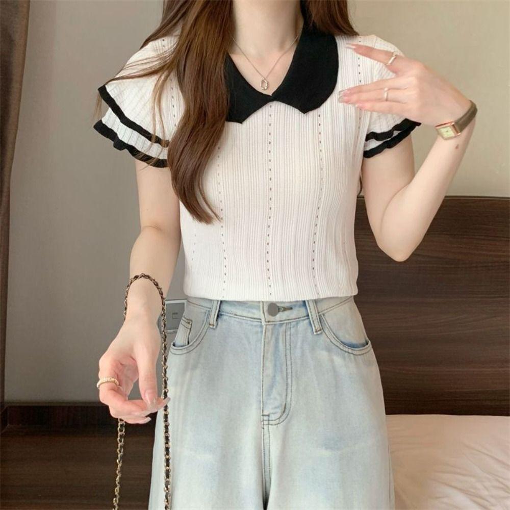 Hollow Knitted Slim Crop Tops Patchwork Short Sleeve T-shirt Doll Collar Knitted Vest Ladies Girls