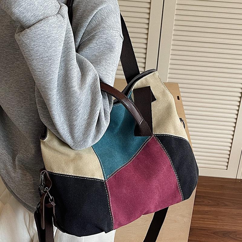 Simple and Fashionable Women's Bags Contrasting Color Canvas Bags Women's Large-capacity Retro Contrasting Color Splicing Cloth Bags New Shoulde