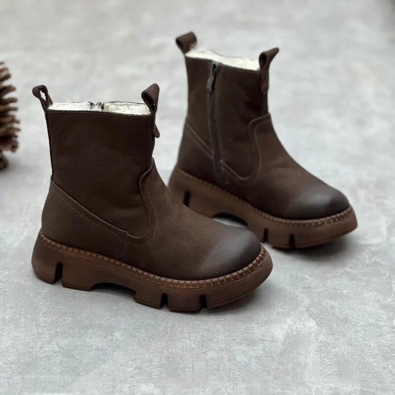 Johnature Vintage ručně vyráběné boty z pravé kůže s kulatou špičkou zesílená teplá silná podrážka dámské krátké boty