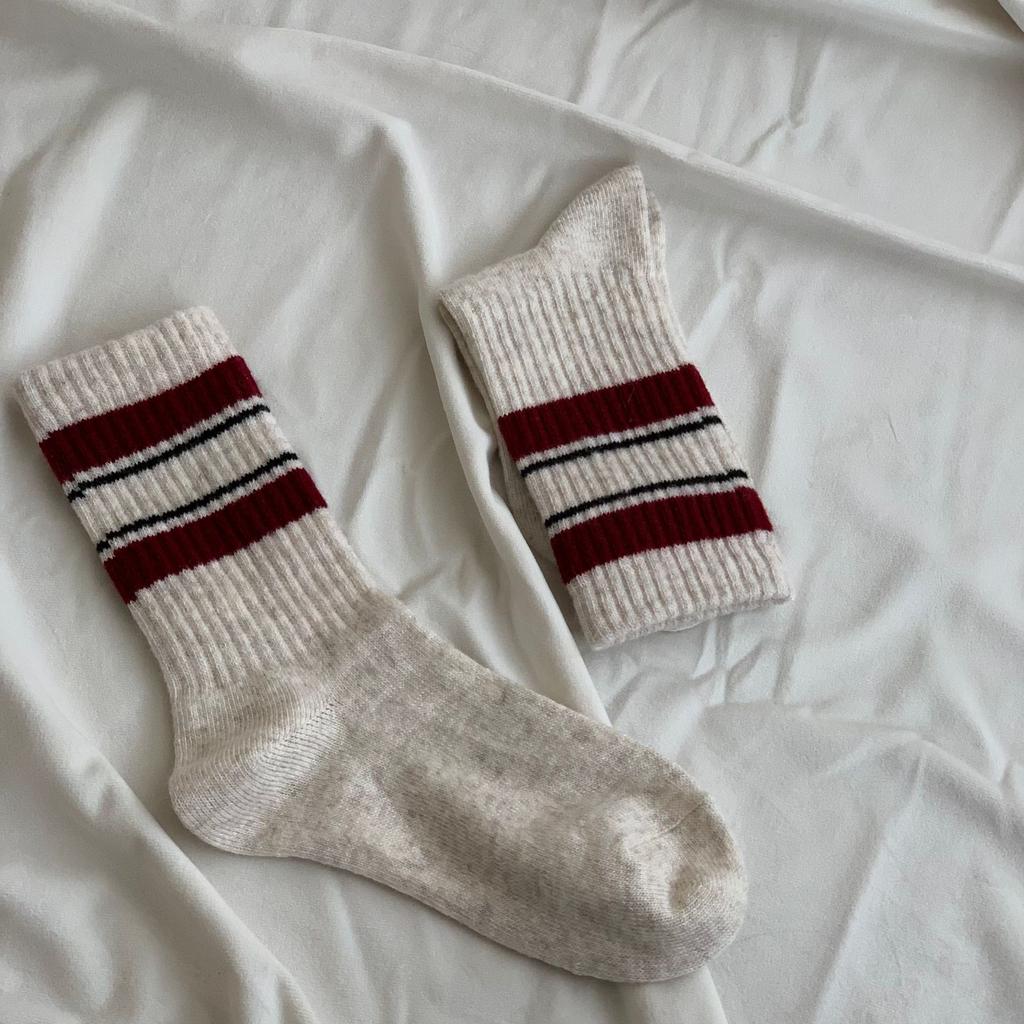 New Year'S Wool Socks Striped Contrasting Basic Korean Thickened Mid-Cut Women'S Socks Pit Strips To Keep Warm