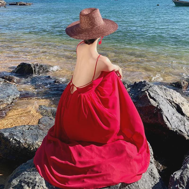 Elegant Red Fairy Beach Dress: Long, Backless, Sanya Travel Skirt