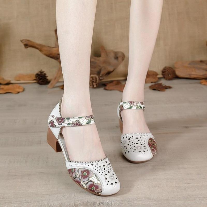 New Women Leather Shoe Sandals High Heel Summer Soft Sole Beach Hollow Flowers Shoes Female Luxury Sandals Women Heeled Sandals