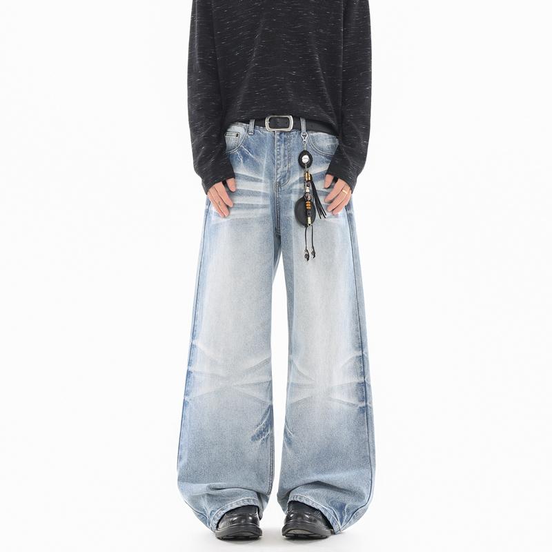 Retro Washed Workwear Jeans, Men's Wide Leg Pants, Straight Leg Pants