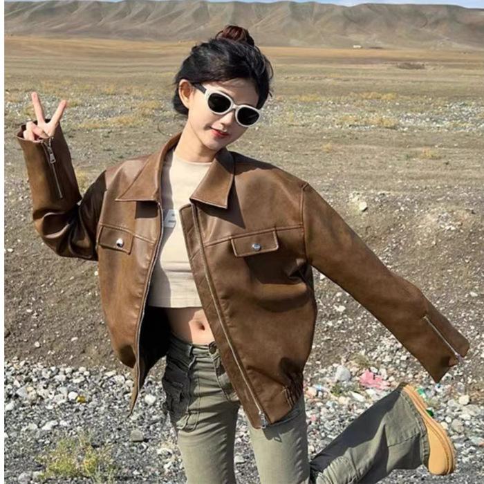 

Maillard leather jacket women s brown chic top loose American ruffian handsome leather jacket new spring S