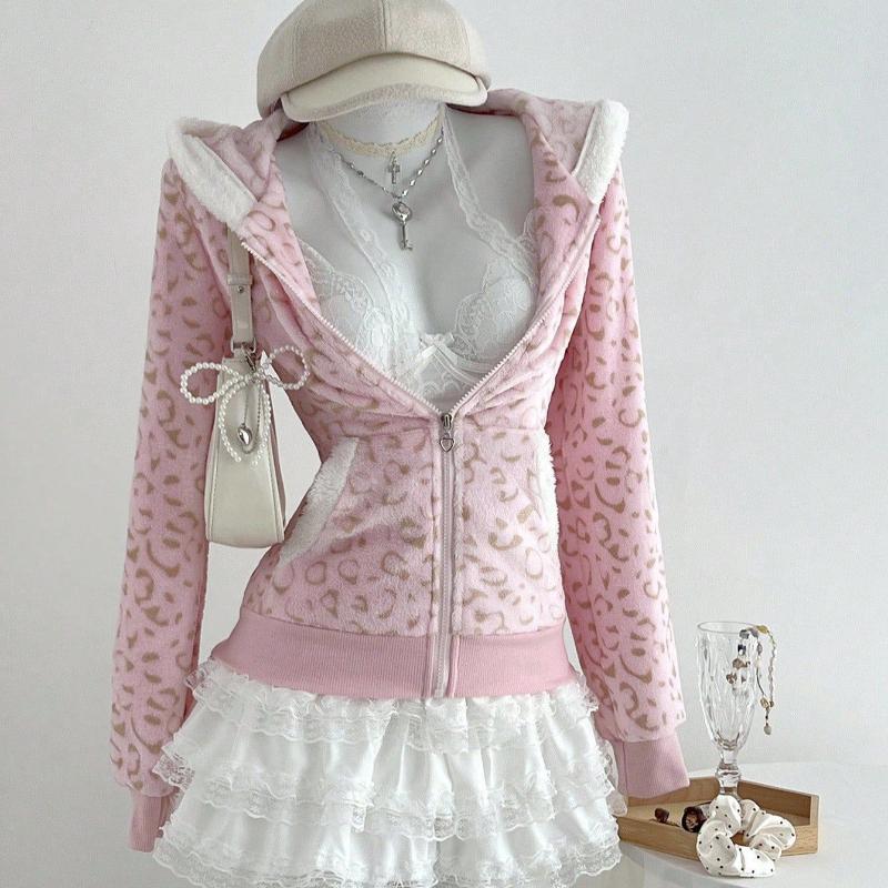 Cute Leopard Pint Hooded Y2k Clothes Aesthetic Vintage Kpop Women's Sweatshirts Zip-up Grunge Gyaru Hoody Gothic