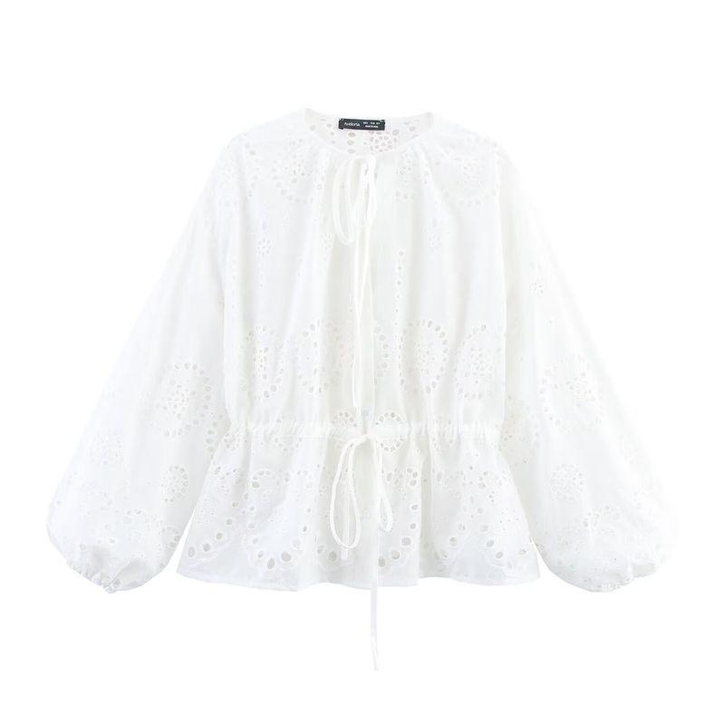 

Kaslead New Women clothes Western Style Fashion Simple and Versatile Lantern Sleeve Embroidery Waist Hugging Top White XL