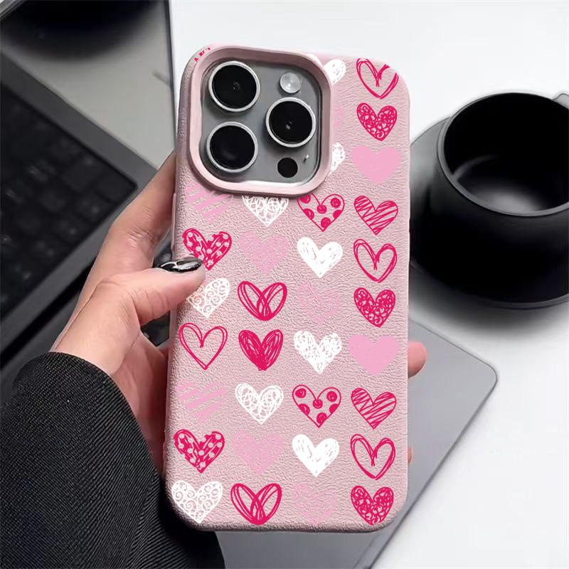Pinker Liebesherzen-Druck Ledertextur TPU Matte Hülle Für iPhone 16 Pro Max 15 Pro 14 13 12 11 Weich Schlank Stoßfest Handyhülle