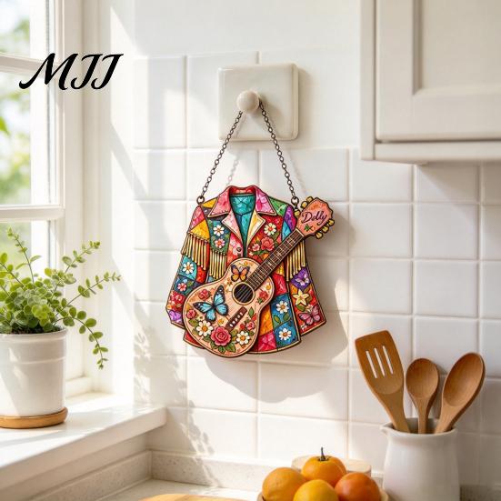 Artistic Window Hanging Western Country Art Suncatcher, Jacket & Guitar Stained Glass Style Sun Catcher, Home Accessories 2D Acrylic Ornament for Wall