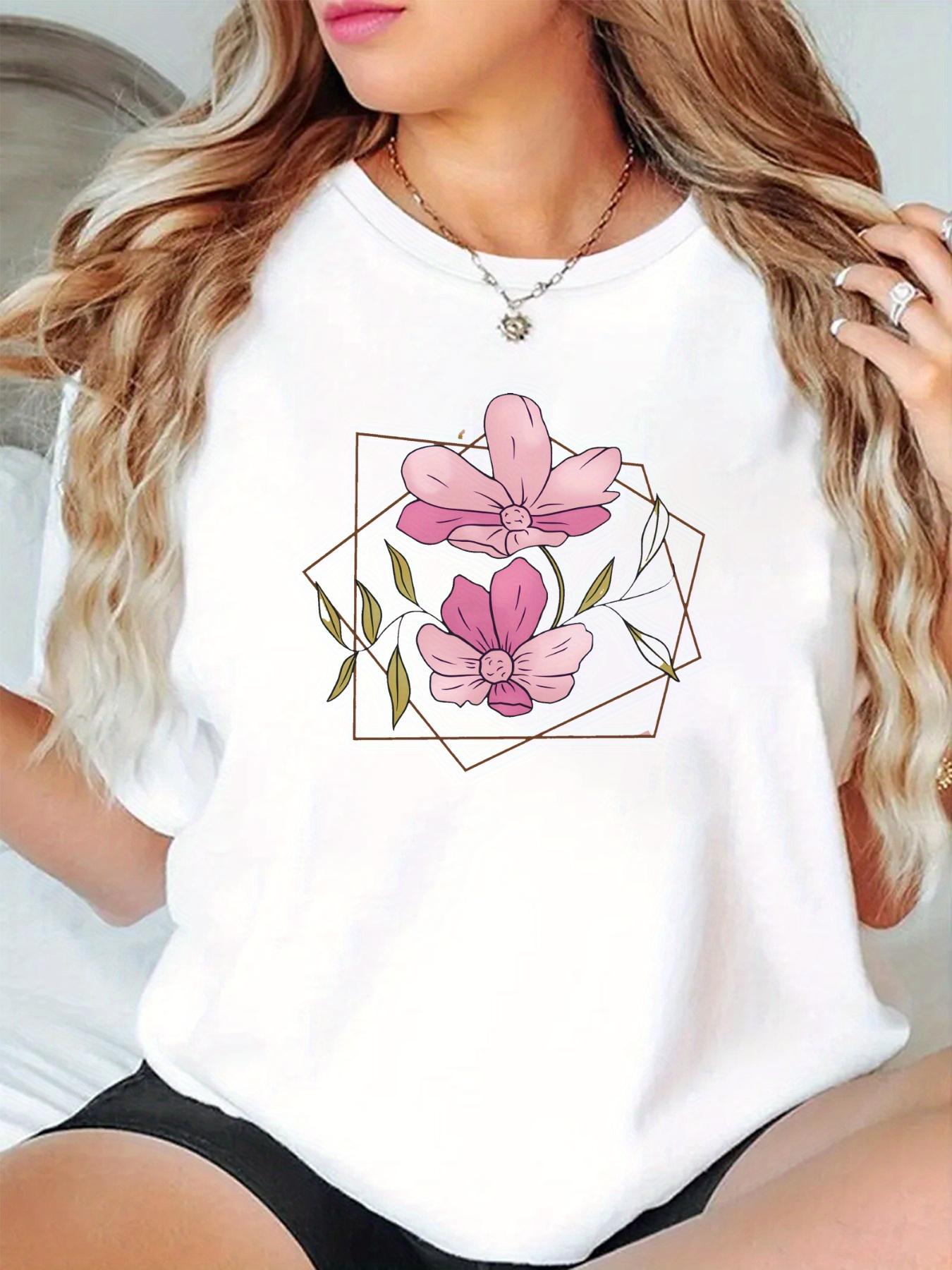 

Green Leaves Geometric Design Spring Summer Comfortable Clothing Womens Print Round Sleeve Breathable Fabric with Flowers S