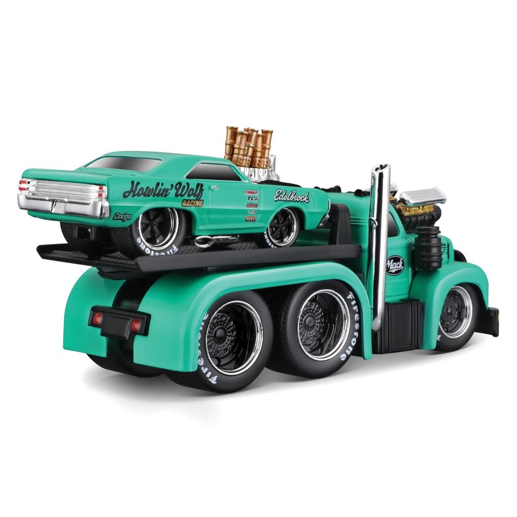 Maisto 1/64 Scale Muscle Machines Muscle Transporter Diecast Model Car (1953 MACK B-61 Flatbed / 1968 Dodge Dart HEMI Gasser - Green 11542)