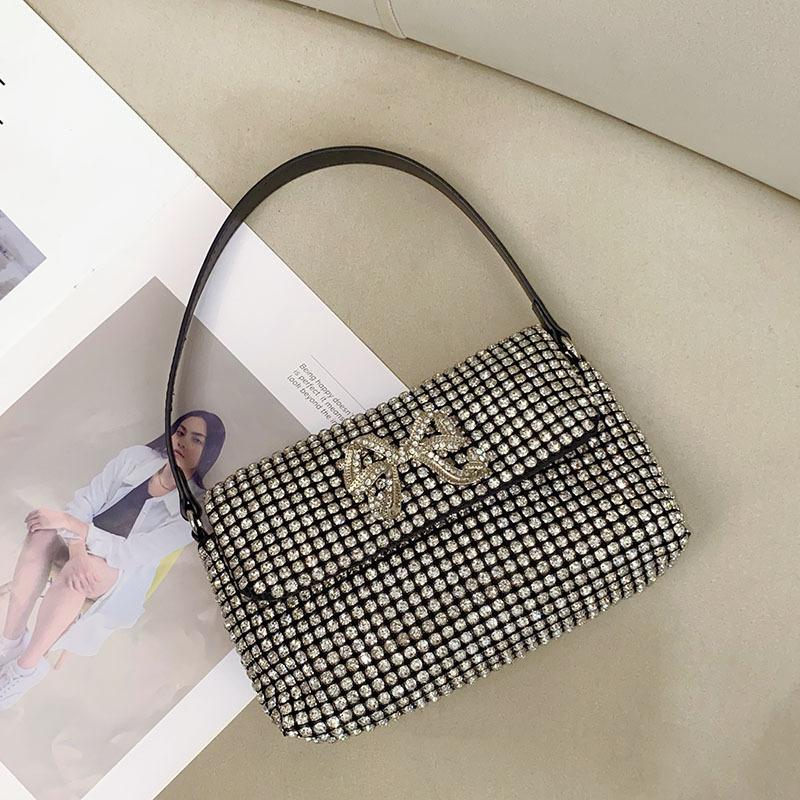 Full Rhinestone Bow Large Capacity Portable Personalized Banquet Diamond Flip Small Square Bag Underarm Crossbody