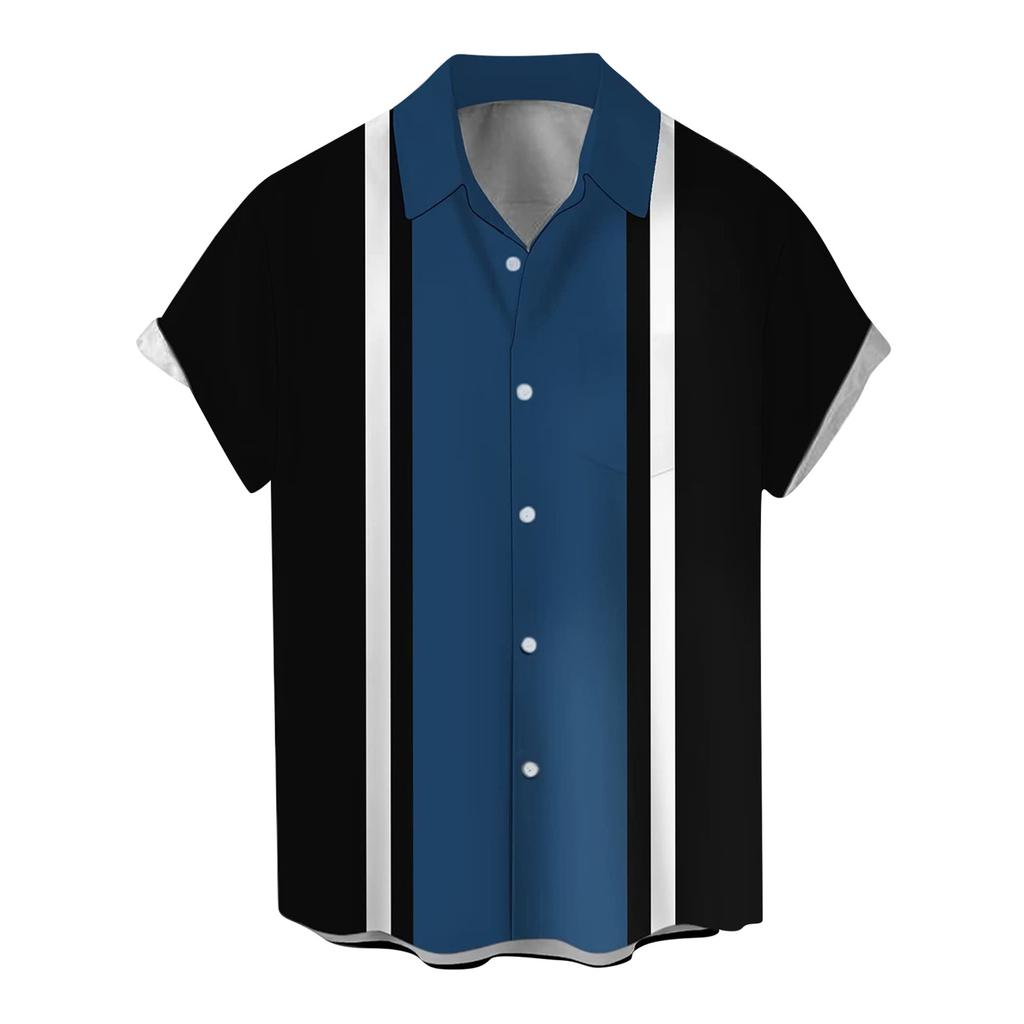 Men Short Sleeve Button Down Shirt Vertical Stripe Print Lapel Collar Casual Loose Fit Summer Top