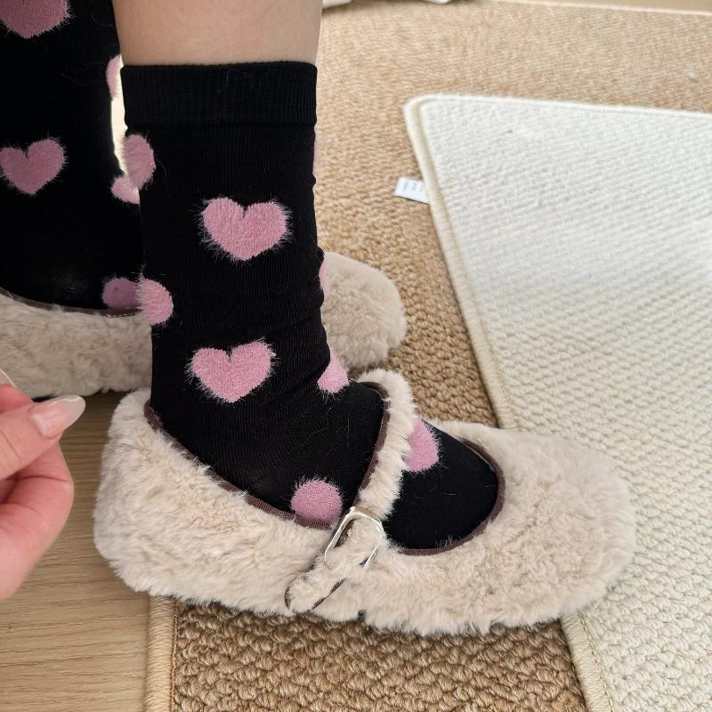 Autumn and Winter Love Couple Socks for Women, Mid-calf, Fluffy Heart Design, School-style Pile Socks for Women