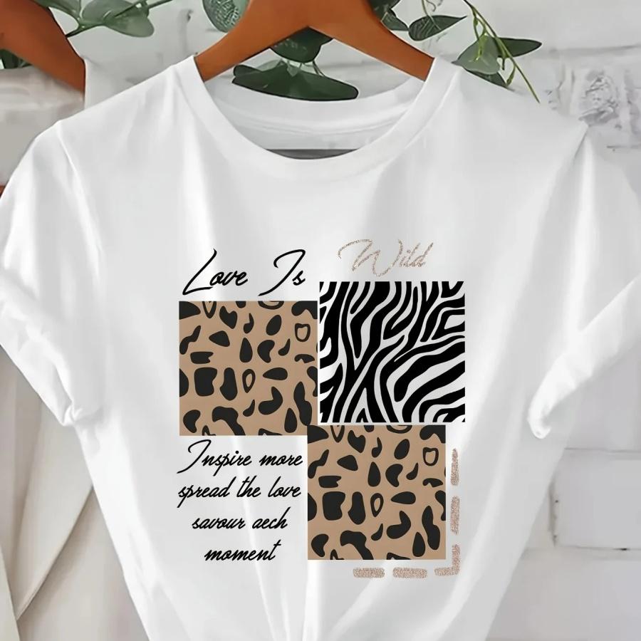 Unisex T-shirt Letter Leopard Pattern Print Casual Summer Women's Versatile Short Sleeve T-Shirt Women Clothing Vintage Clothes Y2k Top