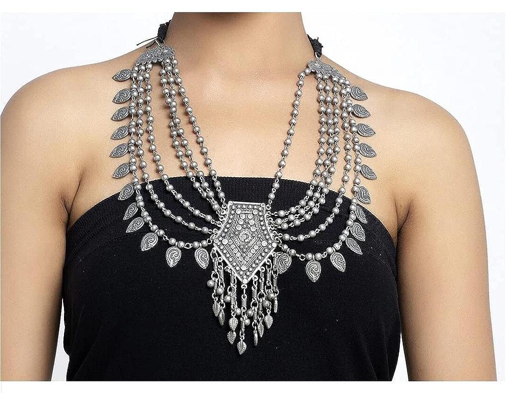 Antique Oxidized Black Polish Multi Layer Afghani Ethnic Fashion Tribal Necklace Jewelry for Women Girls