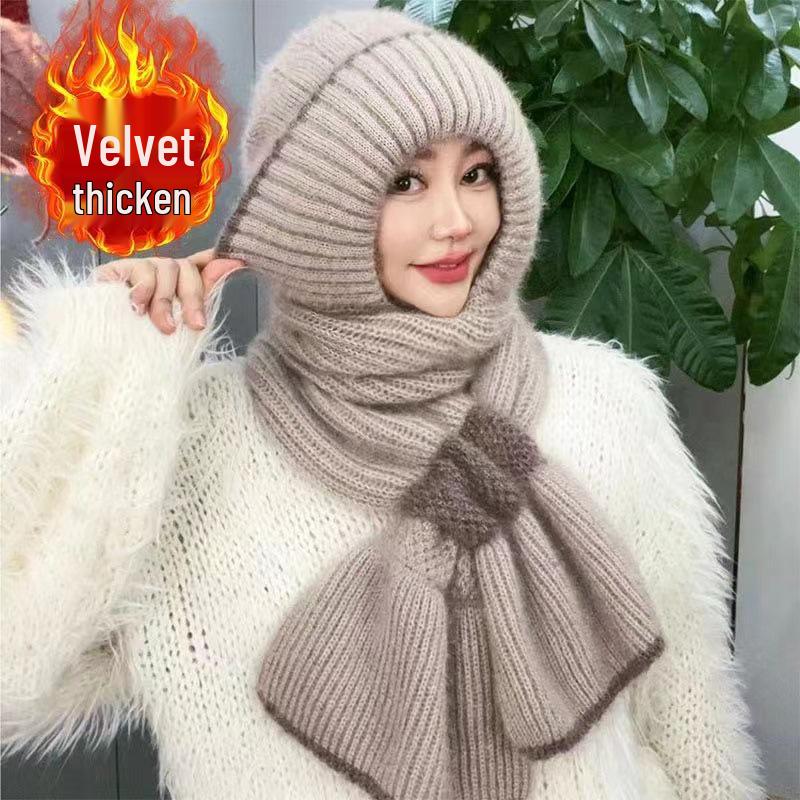 Luxury Velvet Knit Scarf with Phoenix Tail Flower Design - Double-Layered, Fleece-Lined Hat for Wind and Snow Protection