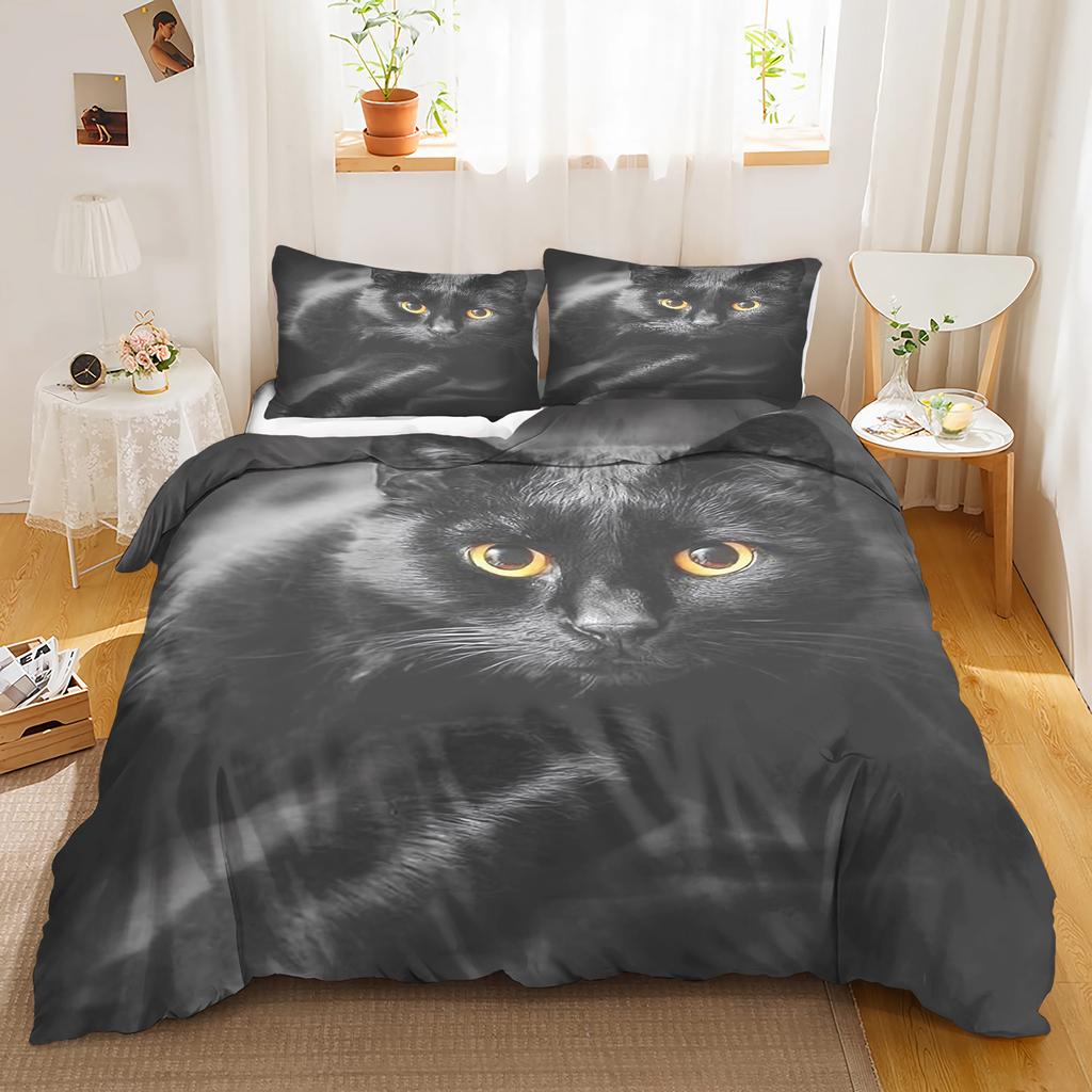 Cat, Animal Bedding Set black Anime 100% Polyester Duvet Cover Set Printed Cartoon Home Decor