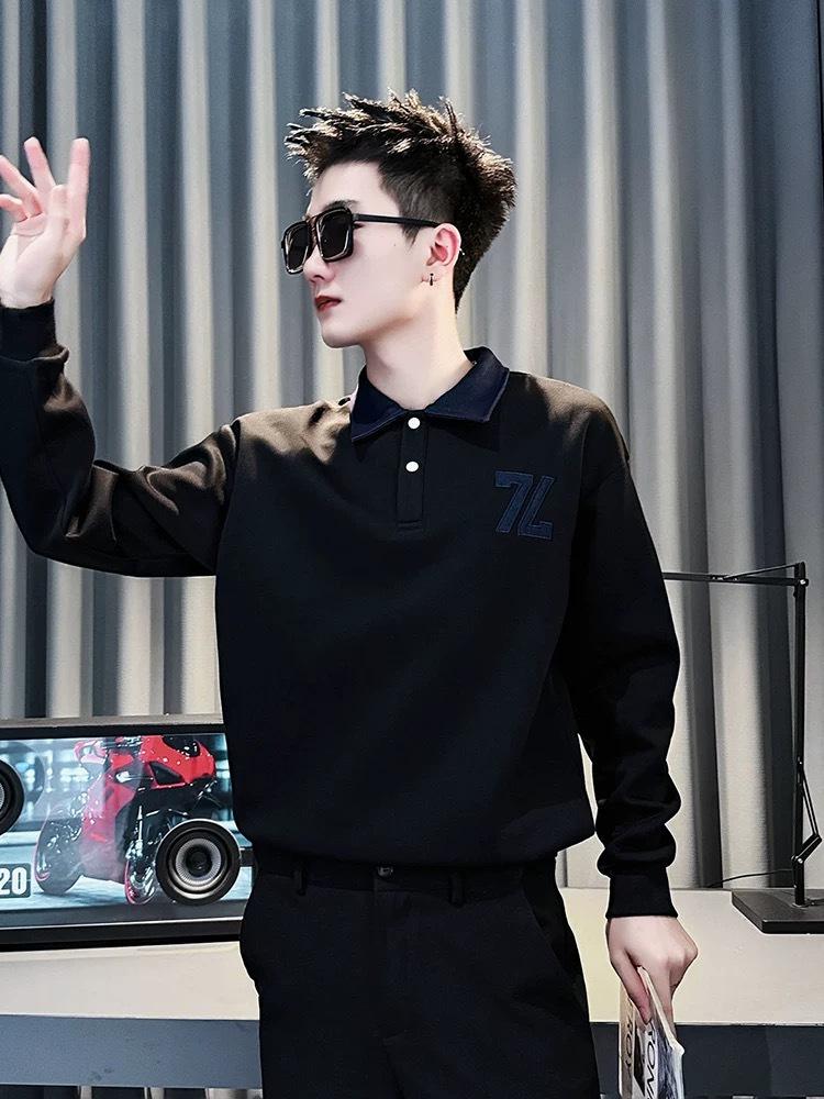 Cross Trendy Men s Autumn Sweatshirt - 48-Hour Shipping, Simple Loose Fit, Versatile Fashionable Long Sleeve Round Neck. M чёрный