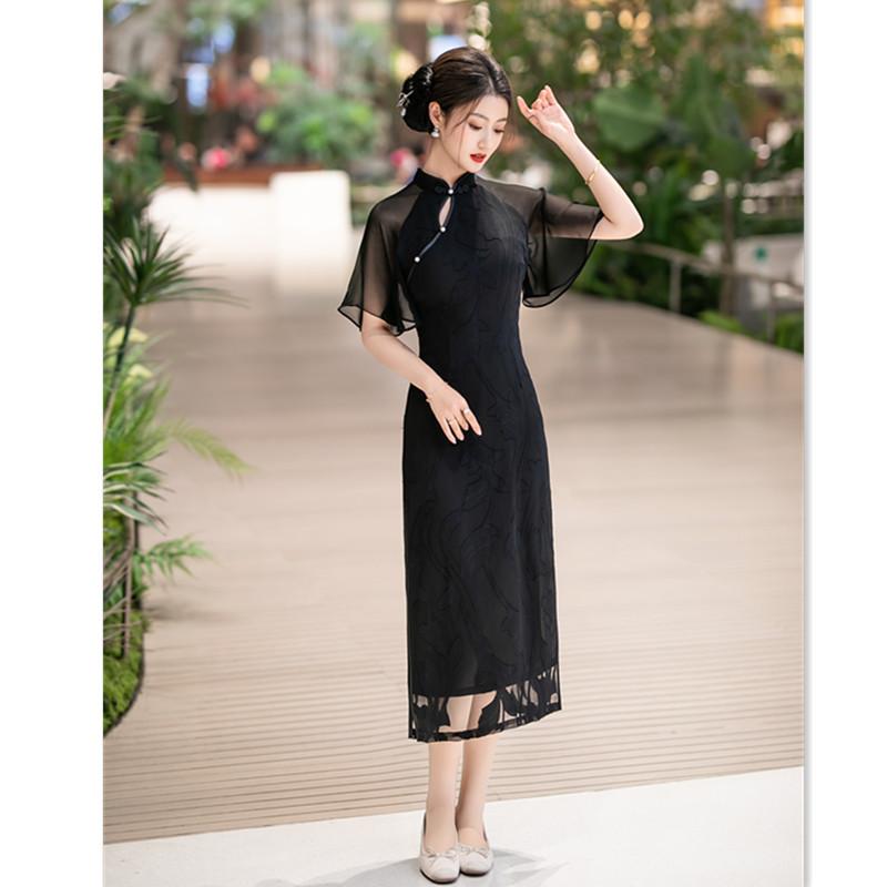 New Chinese chiffon inverted large-sleeved long black cheongsam 1011 summer new improved fashion young daily wear