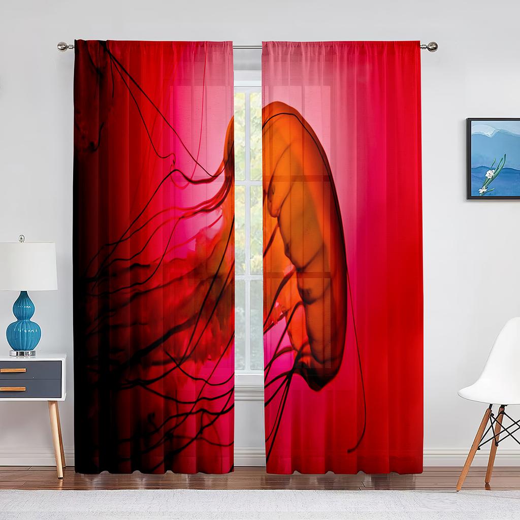 Jellyfish In The Deep Ocean Window Tulle Curtains Foamy Dreamy Blue Ocean Sheer Voile Curtain for Living Room Bedroom Decoration