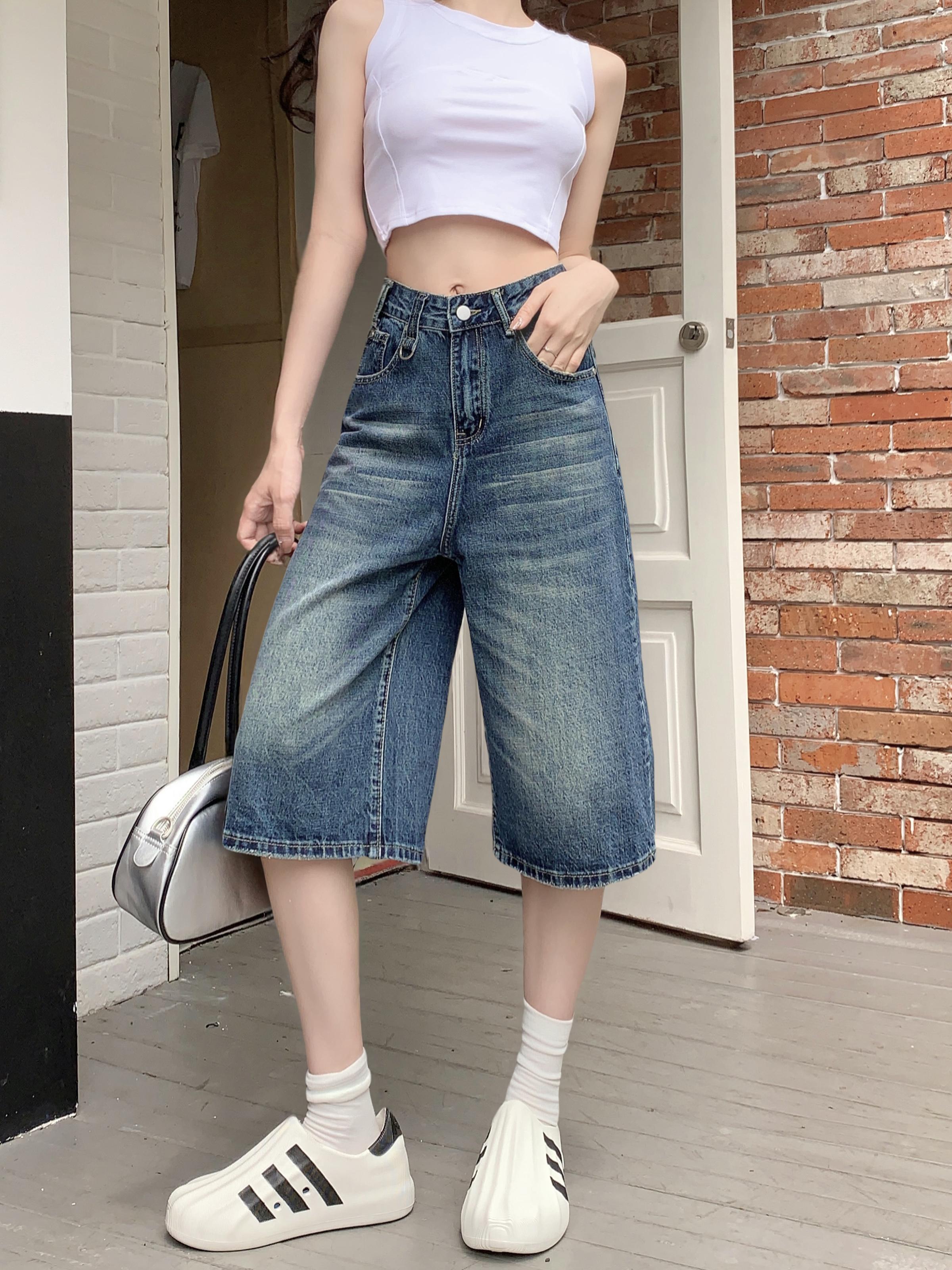 

Новинка 2024 года, утягивающие прямые брюки с высокой талией, потертые потертые джинсы в стиле ретро, ​​женские летние универсальные свободные укороченные брюки M синий