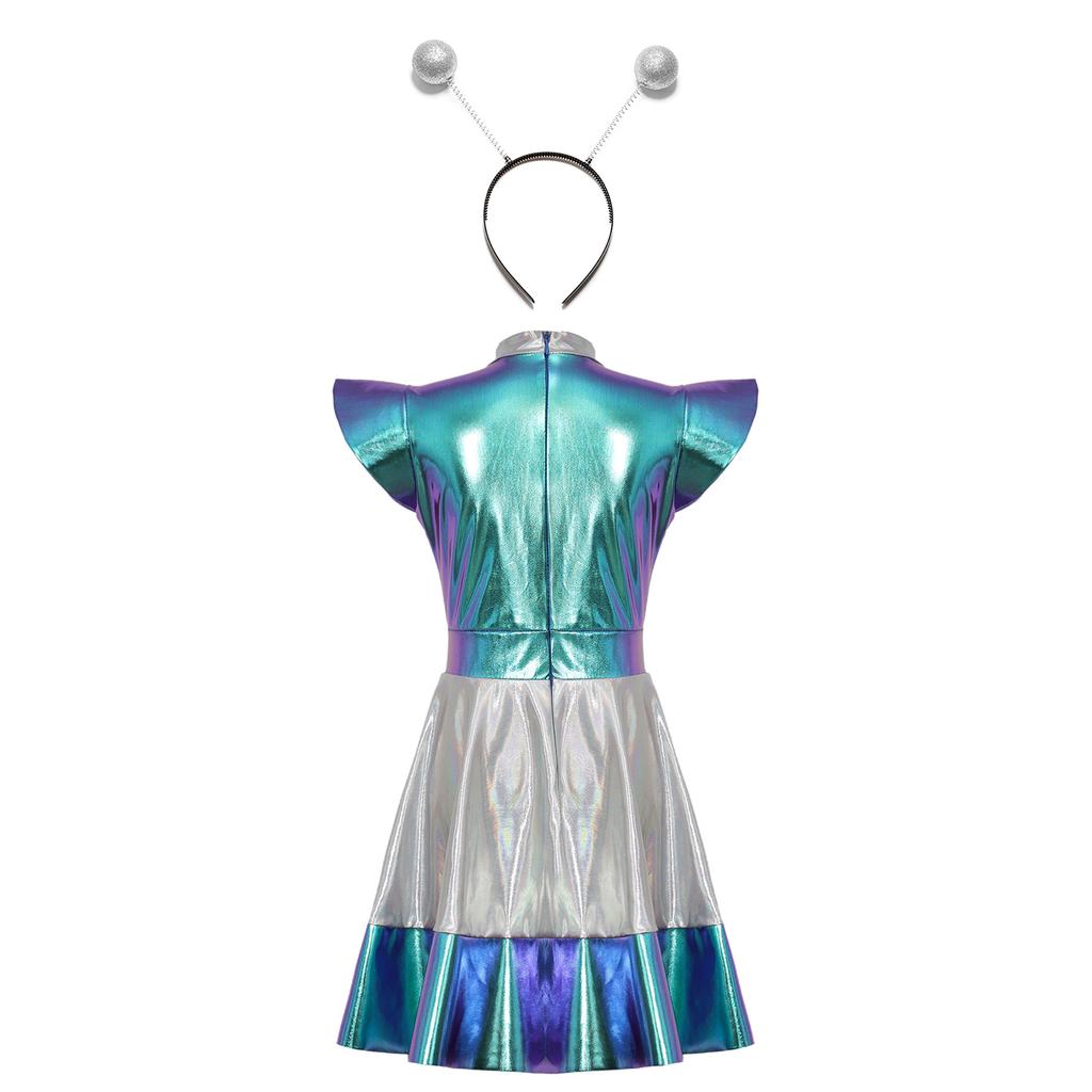 Girls Halloween Alien Costume Outer Space Cutie Dress Set Funny Alien Hair Hoop Accessory Cosplay Outfit