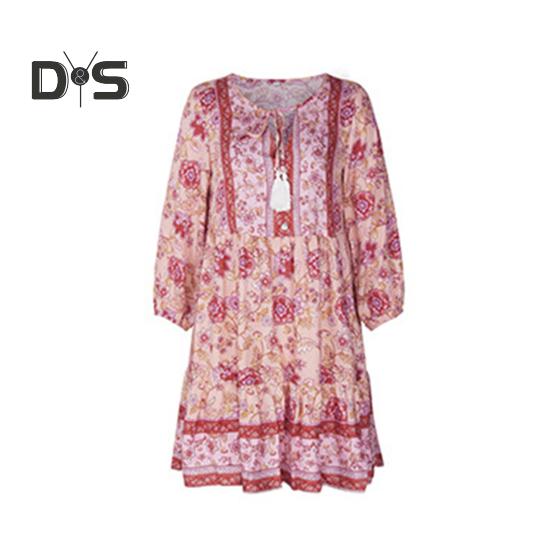 Damen-Boho-Kleid mit Blumenmuster, lässig, langärmelig, fließend, kurzes Kleid, lockerer V-Ausschnitt, Knopfleiste, A-Linien-Kleid, Mini-Strand-Sommerkleid