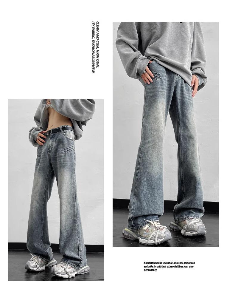 Men's Vintage Washed Wide-Leg Ripped Jeans – Straight-Leg, High-Street Style, Micro-Flare Streetwear Pants