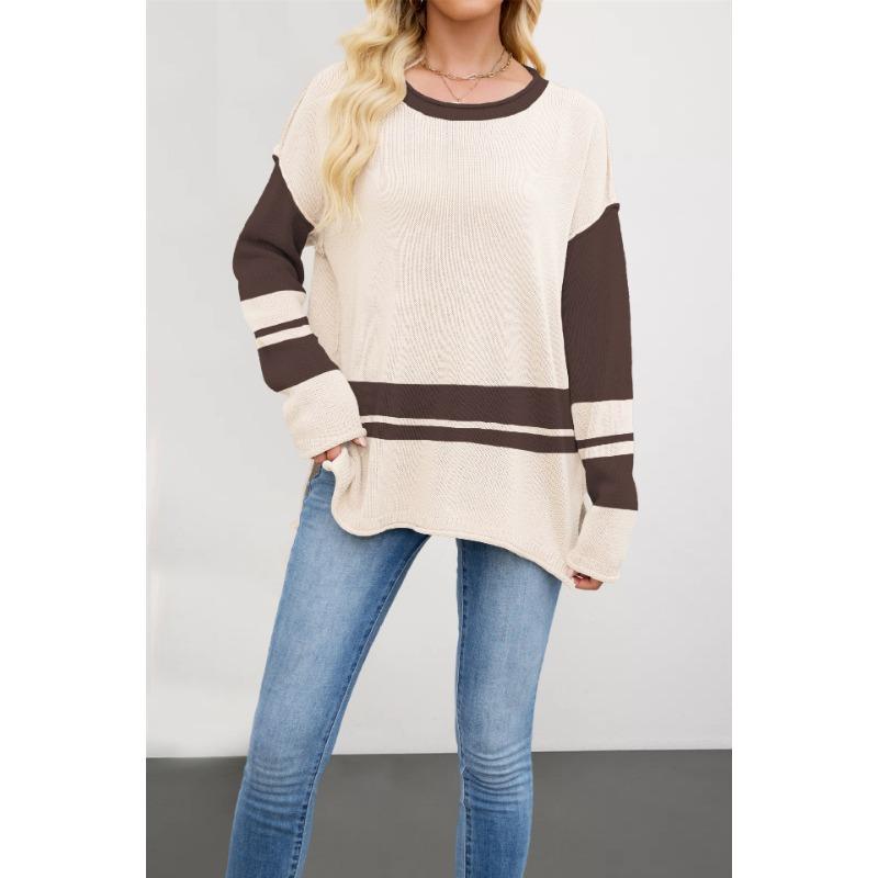 New Autumn and Winter Knitted Sweater Women's Clothing Hot-selling Color Matching Round Neck Loose Versatile Pullover Sweater