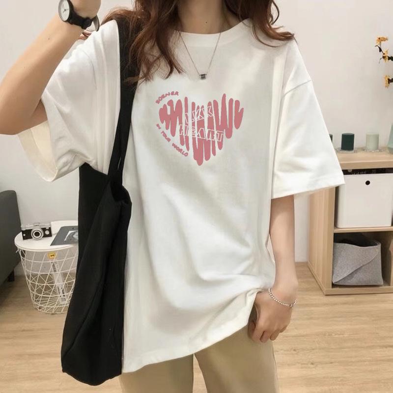 Plus Size Cotton T-Shirt - Women's Summer Short Sleeve Pink Heart Mid-Length Loose European Style