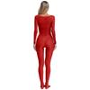 Womens See Through Elastic Footed Bodysuit Long Sleeve Silky Jumpsuit
