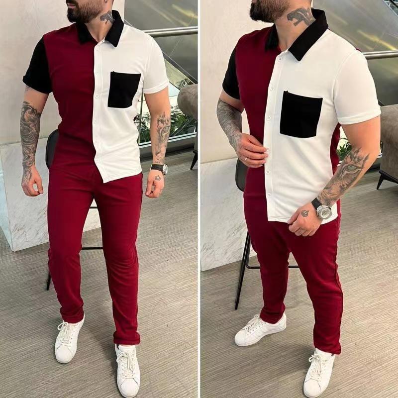 

Mens Color Block Short Sleeve Polo Shirt And Pants Two Piece Set S червоний