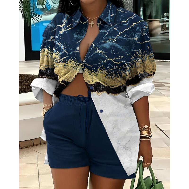 YYFS Moda dame ocazional primăvară toamnă imprimeu cu mâneci lungi cu mâneci lungi cu gâtul POLO Pantaloni cu pantaloni costume