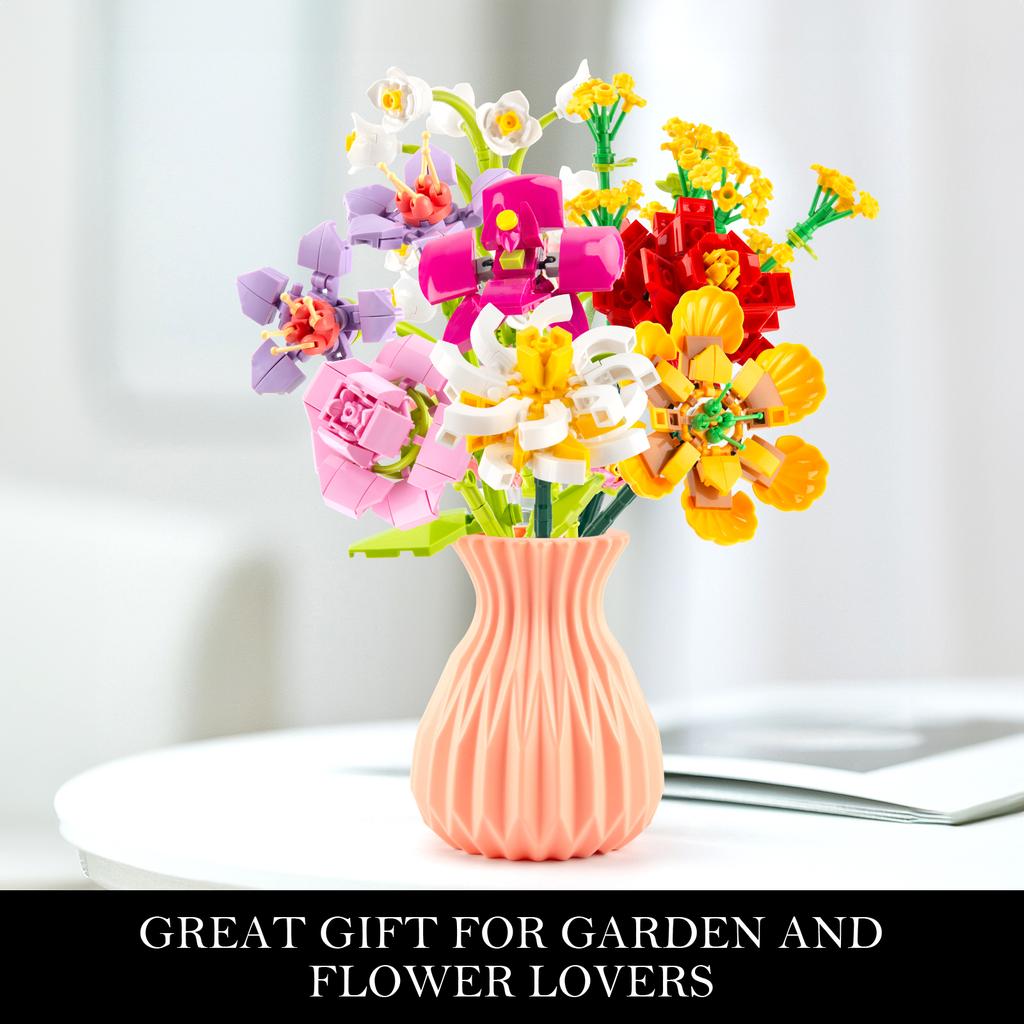 Netoxické 756 ks Kytice umělých květin Stavebnice s vázou DIY Plastové květiny Cihličky Dětské hračky Dětský dárek Domácí dekorace