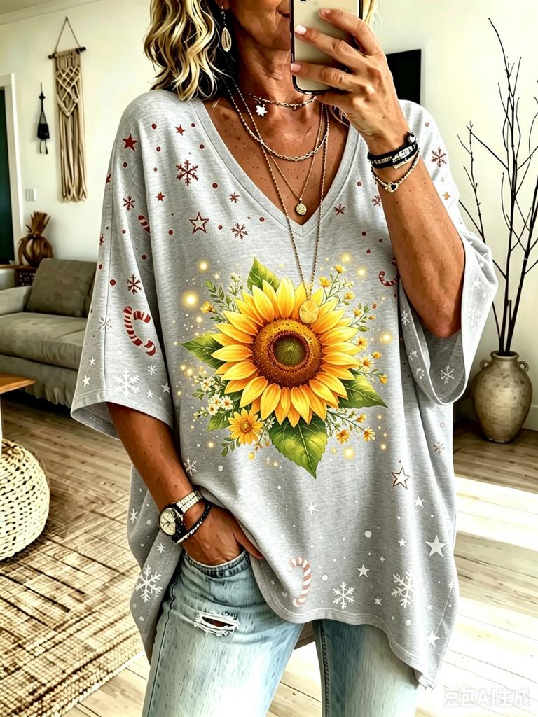 Camiseta casual de mujer con cuello en V, top holgado de manga corta con estampado navideño