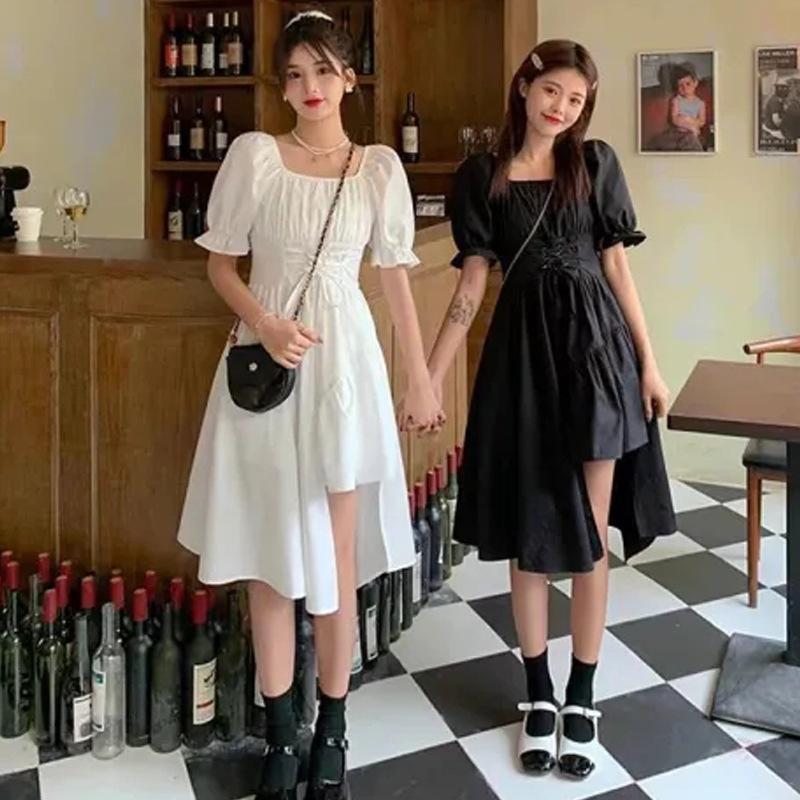 Damen Sommer Puffärmel Kordelzug Taille Slim Französisches Kleid