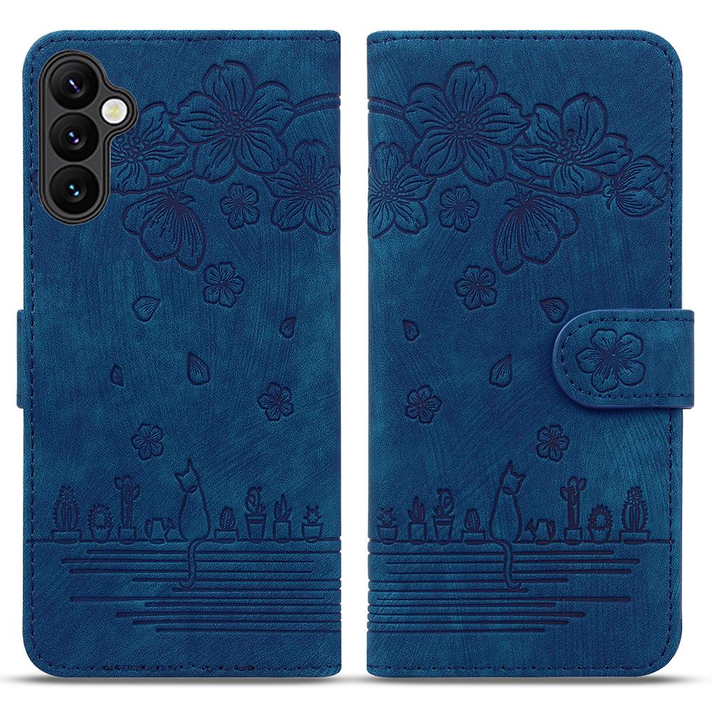 

For Samsung Galaxy S24 FE Case Flip Stand Leather Phone Cover Cherry Blossom Cat Imprinted Blue