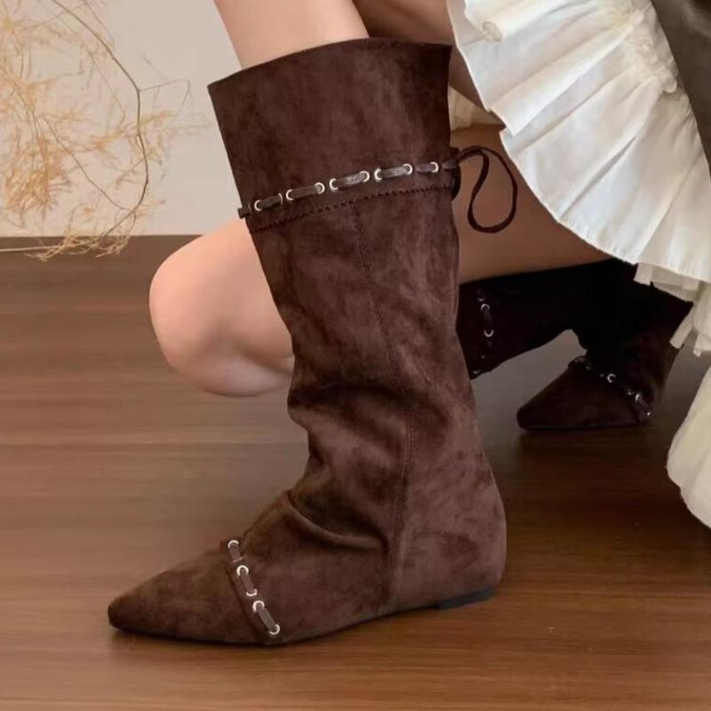 Fashion Inside Boot Single Boot Autumn New Pointed Toe Suede Studded Lace-Up Soft Sole Anti-Slip Wear-Resistant Tall Boots