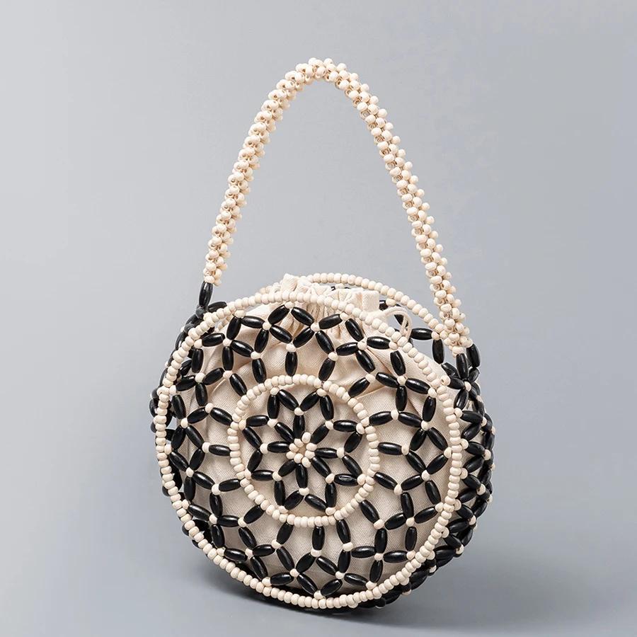 

Women Woven Hand Bag Summer Hollow-out Wooden Bead Tote Round Shape Shoulder Bag Female Reticulate Netted Canvas Beach Handbags